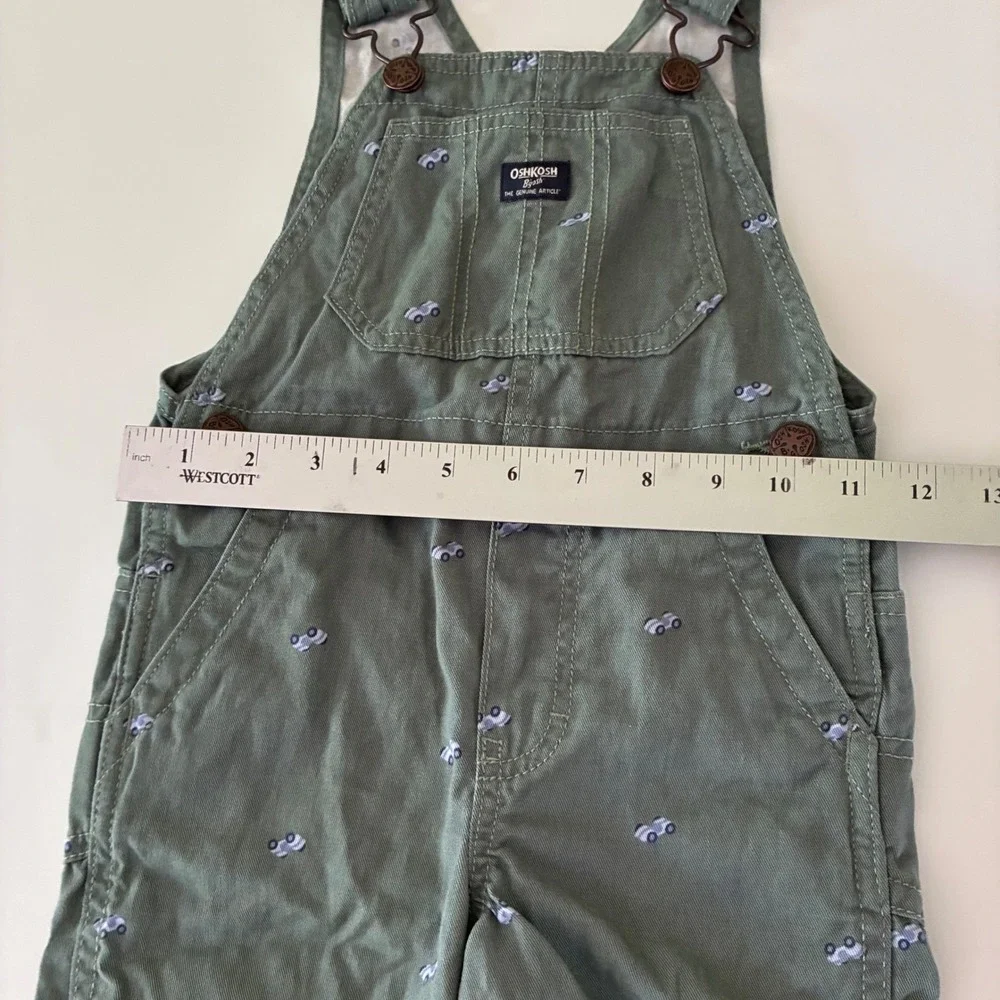 OshKosh B'gosh Toddler 2T Sage Green Car Bib Overalls Vestbak Play